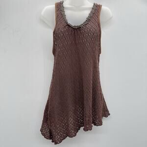 Unbranded Crochet Lace Tunic Sweater Sz L Dark Brown Asymmetric Hem Linen Boho